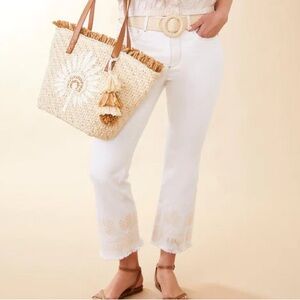 Spartina 449 size 12 ELLINGTON KICK FLARE JEAN PEARL WHITE ivory EMBROIDERY